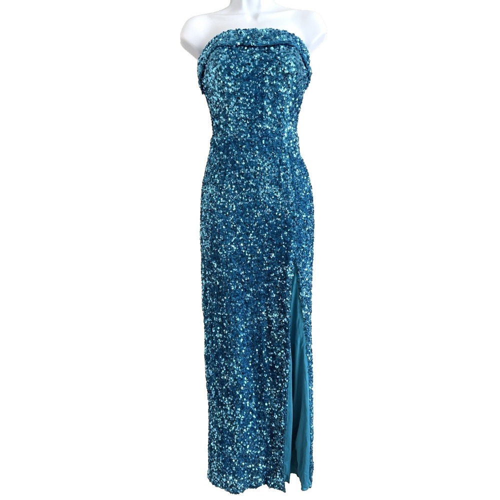 Blue Sequin Formal Maxi Dress Womens Medium Strapless Gala Wedding Event Sparkle